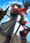  1girl 2boys :d absurdres anger_vein aquact bird black_boots black_hair black_kimono blue_sky boots closed_eyes cloud day fate/grand_order fate_(series) floating_hair floral_print hair_between_eyes hakama happy highres holding hug hug_from_behind japanese_clothes kimono long_hair long_sleeves multiple_boys obi okada_izou_(fate) open_mouth oryou_(fate) oryou_(lancer)_(first_ascension)_(fate) out_of_frame outdoors pantyhose pink_pantyhose ponytail red_kimono sakamoto_ryouma_(fate) sakamoto_ryouma_(lancer)_(first_ascension)_(fate) sash scarf short_hair sky smile standing teeth upper_teeth_only very_long_hair wide_sleeves 