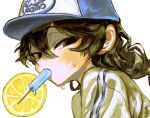  1boy baseball_cap bifuteki_(bi_futeki) black_eyes black_hair food food_in_mouth fruit hat highres lemon lemon_slice long_hair looking_at_viewer male_focus original popsicle popsicle_in_mouth shirt simple_background solo sweat upper_body white_background white_shirt 