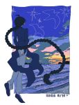  1boy 2026 arms_behind_back beach bifuteki_(bi_futeki) black_hair blue_background blue_changpao boat braid braided_ponytail changpao chinese_clothes dated from_behind full_body highres long_hair male_focus ocean original outdoors own_hands_together simple_bird solo sunset very_long_hair water watercraft 