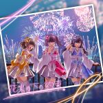  3girls absurdres aerial_fireworks album_cover aoyama_mei back_bow bloomers blue_eyes blue_hair blue_kimono bow brown_hair closed_eyes cover detached_sleeves dress fang fireworks fireworks_print frilled_skirt frills furisode hakoiriotome heterochromia highres idol_clothes japanese_clothes kimono momoyama_himeka multiple_girls obi open_mouth pink_kimono post_and_rail_fence purple_eyes purple_hair ribbon-trimmed_skirt ribbon-trimmed_sleeves ribbon-trimmed_thighhighs ribbon_trim sash short_hair skirt sleeveless sleeveless_kimono standing thighhighs under-ichigo white_bloomers wide_sleeves yellow_kimono yuzuhara_miyu 