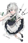  1girl absurdres apron black_shoes blue_eyes blush bow braid chinese_commentary commentary_request coomlee dress full_body green_bow green_ribbon grey_hair hair_bow highres holding holding_knife holding_own_dress izayoi_sakuya knife long_hair looking_at_viewer maid maid_headdress neck_ribbon open_mouth pinafore_dress puffy_short_sleeves puffy_sleeves ribbon shoes short_sleeves simple_background sleeveless sleeveless_dress socks solo touhou twin_braids twitter_username waist_apron white_background white_socks 