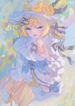  1girl :d basket black_bow black_bowtie blonde_hair blue_dress blue_socks blush bow bowtie commentary_request crossed_bangs dress flower food full_body hair_bow hat hat_bow hat_flower heart highres holding holding_basket holding_food long_hair long_sleeves looking_at_viewer open_mouth original sandwich shoes smile socks solo standing sunflower tsukumi_bis white_hat white_shoes yellow_bow 