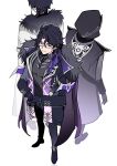  3boys ahoge aiguillette back-to-back black_coat black_gloves black_hair black_pants black_sash black_shirt closed_mouth coat covered_collarbone fatui_coat full_body fur-trimmed_coat fur_trim genshin_impact glasses gloves gradient_hair hair_between_eyes hands_up highres hood hooded_coat lapels long_sleeves looking_at_viewer looking_up male_focus medium_hair multicolored_hair multiple_boys multiple_persona open_clothes open_coat own_hands_together pantalone_(genshin_impact) pants purple_coat purple_eyes purple_hair purple_scarf purple_shoes sash scarf semi-rimless_eyewear shirt shoes simple_background smile standing turtleneck turtleneck_shirt two-sided_coat two-sided_fabric two-tone_hair wavy_hair white-framed_eyewear white_background white_coat yuelinpanp98413 