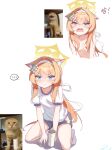  ... 1girl absurdres angry animal_ear_fluff animal_ears black_shorts blonde_hair blue_archive blue_eyes breasts cat cat_ears cat_girl collarbone commentary cup fangs frown gym_uniform hair_ribbon halo highres long_hair looking_at_viewer mari_(blue_archive) mari_(track)_(blue_archive) meme nipples no_shoes nude parody photo_inset real_life ribbon round-headed_mao_die_(meme) sanwenyu_juan_bing seiza shirt shorts simple_background sitting small_breasts socks spoken_ellipsis v-shaped_eyebrows white_background white_ribbon white_shirt white_socks yellow_halo 