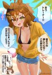  1girl ahoge animal_ears beach bikini bikini_under_clothes black_bikini blue_shorts blue_sky blush braid breasts brown_hair closed_eyes commentary_request cup disposable_cup grin hair_between_eyes hair_ornament hairclip hakurogi half_up_half_down_braid highres holding holding_cup horse_ears horse_girl horse_tail jacket jewelry jungle_pocket_(umamusume) long_sleeves looking_at_viewer medium_hair ocean open_clothes open_jacket open_mouth outdoors shorts sky small_breasts smile speech_bubble stomach swimsuit tail teeth translation_request umamusume water yellow_eyes yellow_jacket 