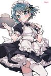  1girl blue_eyes blue_hair blush breasts cup fortissimo hair_ornament highres light_smile looking_at_viewer mahou_shoujo_madoka_magica mahou_shoujo_madoka_magica_(anime) mahou_shoujo_madoka_magica_movie_1_&amp;_2 maid maid_headdress medium_hair miki_sayaka mitsureki_meyli mug musical_note musical_note_hair_ornament signature small_breasts smile solo thighhighs white_background white_thighhighs 