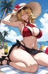 1girl absurdres armpits ball beach beachball bikini black_sandals blue_sky bottle breasts brown_hat cleavage closed_eyes cloud commentary day drink drinking_straw english_commentary eyewear_on_head flower hair_between_eyes hat hat_flower highres large_breasts mature_eyes mature_female navel ocean open_mouth original outdoors palm_tree red_bikini red_flower sandals scrapy sideboob sitting sky solo stomach straw_hat sunglasses swimsuit thighs tree 