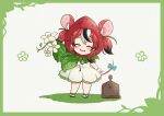  1girl alternate_costume animal_ear_fluff animal_ears aqua_bow basket black_hair blush border bow cafelittle chibi chibi_only closed_eyes commentary_request dress flower food-themed_hat full_body green_border green_sandals hakos_baelz highres holding holding_flower hololive hololive_english leaf mouse_ears mouse_girl mouse_tail multicolored_hair open_mouth red_hair sandals smile solo standing strawberry_hat tail tail_bow tail_ornament twintails virtual_youtuber white_background white_dress white_flower white_hair 