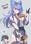  2girls black_gloves black_hair blue_hair breasts character_name commentary_request food food_on_body food_on_breasts garter_straps gloves grey_shirt grey_thighhighs half_gloves headgear highres himeyamato historical_connection holding holding_food hot_dog hot_dog_bun i-41_(kancolle) kantai_collection large_breasts long_hair multiple_girls mustard number_earrings one-piece_swimsuit pointy_hair red_eyes reno_(kancolle) sailor_collar school_swimsuit sexually_suggestive shirt star_on_cheek swimsuit swimsuit_under_clothes thighhighs two-tone_shirt very_long_hair white_sailor_collar white_shirt 