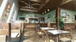  ceiling_fan chair day game_asset hanging_light indoors karakara_(game) katou_taira no_humans official_art painting_(object) plant potted_plant restaurant self-datamine table trash_can wall_lamp wallpaper_(object) window wooden_ceiling 