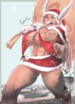  1girl abs absurdres angry artist_name bell boku_no_hero_academia chimney christmas crying dirty dirty_clothes dirty_face dress english_text hat highres holding holding_sack jingle_bell looking_at_viewer mirko mossausage on_roof open_mouth sack santa_costume santa_dress santa_hat skirt sky skyline snowing soot tears thick_thighs thighs 