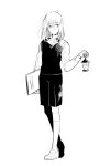  1girl androgynous arm_at_side character_request closed_mouth copyright_request folder full_body greyscale hair_between_eyes highres hinabu holding holding_folder holding_lantern kneehighs lantern long_sleeves looking_to_the_side medium_hair monochrome shirt shoes shorts simple_background socks solo sweater_vest walking white_background 