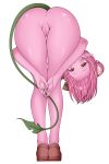  1girl absurdres anus ass bangs_pinned_back bent_over blush brown_shoes closed_mouth colored_sclera colored_skin commentary elbow_blush eyelashes fingernails flower froggyloch_(vtuber) green_nails green_tail hair_bun hair_flower hair_ornament highres indie_virtual_youtuber leaf_tail looking_at_viewer mintikmeow nail_polish naked_shoes nude paintbrush_hair_ornament pink_flower pink_hair pink_skin pointy_ears pussy red_eyes shoes simple_background solo thighs uncensored virtual_youtuber white_background yellow_sclera 