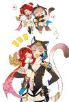  2girls animal_ear_fluff animal_ears arm_belt armor arrow_(symbol) asymmetrical_footwear bandaged_hand bandages belt black_belt black_bodysuit black_boots black_cape black_gloves black_hairband blue_cape bodysuit boots bow braid breasts brown_shorts cape carrying carrying_person cat_ears cat_girl cat_ornament cat_tail child cipher_(honkai:_star_rail) cipher_(in_pursuit_of_the_wind)_(honkai:_star_rail) claws closed_eyes commentary_request crescent crescent_pin dress fang fingerless_gloves floral_print flower full_body gloves grey_hair hair_flower hair_ornament hairband hand_on_another's_face hand_on_own_hip hands_on_own_face happy heart highres honkai:_star_rail honkai_(series) hood hooded_bodysuit hooded_cape long_sleeves medium_breasts mismatched_footwear mole multicolored_hair multiple_girls multiple_views notice_lines official_alternate_costume open_mouth pocket puffy_long_sleeves puffy_sleeves red_bow red_cape red_hair sakae_0_0 sandals short_hair shorts shoulder_armor side_braid simple_background single_braid single_glove single_sidelock sitting smile speech_bubble spoken_heart streaked_hair tail teeth thigh_strap topknot tribbie_(honkai:_star_rail) two-sided_cape two-sided_fabric v-shaped_eyebrows white_background white_boots white_dress white_flower white_hair white_shorts wings yellow_dress yellow_sandals 