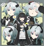  3girls absurdres arcane_(arknights) arknights arknights:_endfield bird_girl bird_wings black_coat black_pantyhose chen_qianyu_(arknights) chibi closed_eyes coat commentary curtained_hair endministrator_(arknights) facial_mark female_endministrator_(arknights) forehead_mark gradient_hair green_hair grey_hair grey_sweater headpat heart highres holding_chibi multicolored_hair multiple_girls multiple_views ooyun open_clothes open_coat open_mouth pantyhose purple_eyes spoken_heart sweater turtleneck turtleneck_sweater twitter_username two-tone_hair untranslatable_commentary wings 