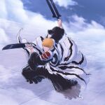  1boy absurdres armor asymmetrical_dual_wielding black_hakama bleach bleach:_sennen_kessen-hen brown_eyes commentary dual_wielding fighting_stance fog full_body hakama highres holding holding_sword holding_weapon japanese_clothes kurosaki_ichigo male_focus multiple_swords multiple_weapons orange_hair pauldrons shihakusho shoulder_armor solo sonzhondaya squatting sword true_zangetsu_(shikai) weapon 