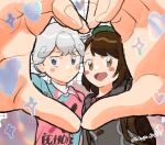  1boy 1girl :d annoyed artist_name bede_(pokemon) blush blush_stickers brown_eyes brown_hair commentary_request dress gloria_(pokemon) grey_eyes grey_jacket haki5800 heart heart_hands heart_hands_duo jacket pastel_colors pink_shirt pokemon pokemon_sword_and_shield shirt smile twitter_username white_hair 