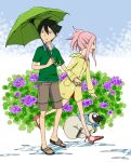  1boy 1girl anemone_(eureka_seven) animal black_hair blue_eyes commentary_request dominic_sorel eureka_seven eureka_seven_(series) flower green_umbrella gulliver_(eureka_seven) holding holding_hands holding_umbrella hydrangea interlocked_fingers jacket pekamatu pink_hair ponytail puddle purple_flower raincoat sandals shorts umbrella water 