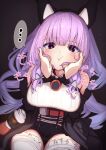  ... 1girl absurdres arknights arknights:_endfield bare_shoulders black_background blush breasts closed_mouth commentary disembodied_hand frilled_thighhighs frills hands_on_another's_cheeks hands_on_another's_face highres horns light_particles long_hair looking_at_viewer medium_breasts pink_hair purple_eyes sendo_(sendo758) simple_background sitting sound_effects spoken_ellipsis thighhighs typhon_(arknights) white_thighhighs 