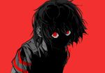  1other angry black_hair colored_stripes floating_hair furious glaring grey_shirt greyscale_with_colored_background lina_gtk looking_at_another looking_up monochrome red_background red_eyes shaded_face shirt short_hair short_sleeves simple_background striped_clothes striped_shirt undertale utdr_(toby_fox) 