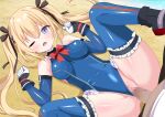  1boy 1girl bare_shoulders beach black_bow black_ribbon black_shoes blonde_hair blue_eyes blue_leotard blue_thighhighs blush bow bowtie breasts censored clenched_hands clothing_aside commentary_request commission day dead_or_alive dutch_angle erection feet_out_of_frame frilled_leotard frilled_thighhighs frills furrowed_brow gloves groin hair_between_eyes hair_bow hair_ornament hair_ribbon hair_spread_out hands_up hetero highleg highleg_leotard highres hiiragisensei impossible_clothes impossible_leotard leotard leotard_aside long_hair looking_at_viewer lying m_legs marie_rose marie_rose_(devilish_servant_against_the_splashing_waves) medium_breasts missionary mosaic_censoring multicolored_gloves on_back one_eye_closed open_mouth outdoors penis red_bow red_bowtie ribbon sex shoes sidelocks skeb_commission solo_focus spread_legs thighhighs thighs twintails vaginal variant_set very_long_hair w_arms x_hair_ornament 
