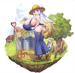 1girl aianchor animal_ears ass blonde_hair blue_eyes blue_overalls bow breasts brown_shoes cow cow_ears cow_girl cow_horns cow_tail farm fence from_behind gigantic_breasts gradient_hair hat hat_bow hat_ribbon hoe horns long_hair looking_back monster_musume_td multicolored_hair nearly_naked_overalls official_alternate_costume official_art orange_bow orange_ribbon overalls panties ribbon shoes silva_(monmusu_td) socks solo straw_hat tail underwear white_background white_hair white_panties white_socks wooden_fence 