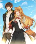  1boy 1girl 5574iahu :d animal_ear_fluff animal_ears black_dress black_hair black_jacket blue_sky breasts brown_hair casual cloud cloudy_sky commentary_request commission couple cowboy_shot dress facing_ahead green_eyes grey_pants hair_between_eyes hair_ribbon hand_on_own_chest hetero highres hood hood_down hooded_jacket iwatani_naofumi jacket jewelry layered_dress long_dress long_hair long_sleeves looking_at_another lower_teeth_only medium_breasts messy_hair neck_ribbon necklace open_clothes open_jacket open_mouth outdoors pants raccoon_ears raccoon_girl raccoon_tail raphtalia red_ribbon ribbon shirt short_hair skeb_commission sky sleeveless sleeveless_dress smile standing tail tanuki tate_no_yuusha_no_nariagari teeth two-sided_fabric two-sided_jacket white_dress white_shirt 