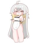  1girl absurdres ahoge alternate_costume apron barefoot blonde_hair blush breasts commentary_request dotory elf highres holding holding_ladle korean_commentary ladle large_breasts long_hair multicolored_hair naked_apron plate pointy_ears renewa_(trickcal) simple_background solo soup_ladle tasting_plate trickcal two-tone_hair very_long_hair white_background 
