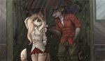  anthro bishkah291ax48 canine clothed clothing duo feline female fur hair male mammal outside raining smile standing teeth umbrella 