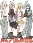  4girls ahoge alternate_costume animal_ears black_boots black_shirt black_shorts blonde_hair blue_hair blue_streaks boots bottle brown_shorts commentary_request elf fox_ears fox_girl full_body green_eyes grey_hair grey_pants hair_ornament heart heart_ahoge high_ponytail holding holding_bottle hololive lion_ears lion_girl long_hair looking_at_viewer momosuzu_nene multicolored_hair multiple_girls nepolabo omaru_polka open_mouth pants pink_hair pink_streaks pointy_ears pom_pom_(clothes) pom_pom_hair_ornament ponytail print_shirt shirt shishiro_botan shoes shorts simple_background smile standing streaked_hair tauyoshi728 virtual_youtuber water_gun white_background white_shirt yellow_eyes yukihana_lamy 