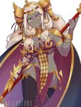  1girl armlet armor bandaged_arm bandages bare_arms bikini_armor black_cape black_thighhighs breasts cape cleavage closed_mouth commentary dark-skinned_female dark_skin earrings fake_horns fire_emblem fire_emblem:_fortune's_weave gloves gold_armlet gold_armor gold_choker gold_earrings green_eyes hand_up headpiece highres holding holding_polearm holding_weapon hoop_earrings horns jewelry large_breasts long_hair looking_at_viewer pelvic_curtain polearm simple_background single_glove solo stomach theodora_(fire_emblem) thighhighs thighs weapon white_background white_hair yaizaberry 