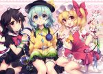  3girls :d absurdres ascot asymmetrical_wings black_dress black_hair black_hat blonde_hair blue_wings bow bowtie bubble cake collared_shirt crease crystal disembodied_linked_eye dress flandre_scarlet floral_print flower food frilled_shirt_collar frills green_eyes green_hair grin hair_between_eyes hair_bow hat heart heart_of_string highres holding_hands houjuu_nue interlocked_fingers komeiji_koishi long_hair long_sleeves looking_at_viewer macaron masaru.jp mob_cap multiple_girls open_mouth puffy_short_sleeves puffy_sleeves red_bow red_bowtie red_eyes red_flower red_rose red_skirt red_vest rose rose_print scan shirt short_hair short_sleeves skirt smile socks third-party_source tiered_tray touhou vest white_flower white_hat white_rose white_shirt white_socks wide_sleeves wings wrist_cuffs yellow_ascot yellow_shirt 