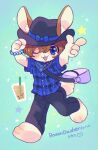  1boy :d ;d animal_ear_fluff animal_ears animal_feet animal_hands bag bandana bandana_around_neck barefoot bead_bracelet beads black_hat black_pants blue_bandana blue_bow blue_eyes blue_shirt bow bracelet brown_hair bubble_tea buck_teeth commentary_request commission fedora fewer_digits film_grain finger_gun flannel full_body furry furry_male gradient_background hat highres jewelry male_focus one_eye_closed original pants purple_bag rabbit_boy rabbit_ears rabbit_tail shirt short_hair short_sleeves shoulder_bag simple_background skeb_commission smile solo sparkle standing star_(symbol) tail teeth uyutan walking 