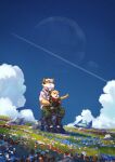  2boys absurdres animal_ears blue_sky brown_fur cloud cloudy_sky contrail fangs father_and_child father_and_son field flower flower_field fox_boy fox_ears fox_mccloud furry furry_male highres james_mccloud looking_up male_focus multiple_boys open_mouth parent_and_child poteto_(potetosarada123) sitting sitting_on_lap sitting_on_person sky smile star_fox star_fox_(2026) 
