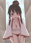  1girl alternate_costume alternate_hairstyle blue_sky blush breasts brown_eyes brown_hair chest_sarashi collarbone commentary_request day frilled_hair_tubes frills fundoshi hair_bun hair_ribbon hair_tubes hakurei_reimu haori highres japanese_clothes jewelry lantern leaning_forward long_hair long_sleeves looking_at_viewer miyo_(ranthath) necklace nipples open_mouth paper_lantern pendant red_fundoshi ribbon sarashi signature sky small_breasts solo thighs touhou twitter_username undone_sarashi white_haori wide_sleeves 