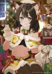  2girls absurdres animal_ear_fluff animal_ears atelier_(series) atelier_resleriana bell black_hair cake cat_ears christmas commentary_request food fruit gift grey_eyes highres izana_kokoschka midriff multiple_girls neck_bell official_art oshiruko_(oshiruco_212048) resna_sternenlicht santa_costume strawberry yellow_santa_costume 