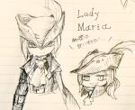  1girl bloodborne character_name chibi commentary_request goth_fashion graphite_(medium) hat highres lady_maria_of_the_astral_clocktower paper sketch smile smug speech_bubble surumenabe traditional_media tricorne white_hair 