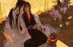  2boys alcohol autumn_leaves bishounen black_eyes black_hair black_hanfu borrowed_clothes chinese_clothes closed_eyes coat commentary couple cup english_commentary falling_leaves flower glassbearer grandmaster_of_demonic_cultivation grey_sash hair_between_eyes hand_in_another's_hair hand_on_another's_waist hanfu headband high_ponytail highres holding holding_another's_hair holding_cup hug hug_from_behind lan_wangji leaf long_hair long_sleeves looking_at_another male_focus multiple_boys open_clothes open_coat outdoors parted_lips ponytail realistic red_sash robe sakazuki sash sidelocks sitting sitting_on_lap sitting_on_person smile teapot very_long_hair wei_wuxian white_coat white_hanfu white_headband wide_sleeves yaoi 