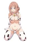  1girl absurdres animal_print bell bikini breasts brown_hair cow_print cow_print_bikini cow_print_gloves cow_print_thighhighs cowbell elbow_gloves frilled_bikini frills gakuen_idolmaster gloves highres himesaki_rinami idolmaster large_breasts looking_at_viewer navel neck_bell open_mouth print_bikini print_gloves print_thighhighs purple_eyes solo stomach swimsuit thighhighs umayer white_bikini white_gloves white_thighhighs 