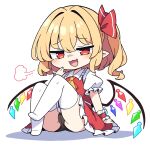  1girl :3 absurdres ascot black_panties blonde_hair blush cameltoe collared_shirt commentary_request crystal crystal_wings deformed flandre_scarlet frilled_shirt_collar frilled_skirt frilled_wrist_cuffs frills hair_between_eyes hair_ribbon highres korra_down looking_at_viewer medium_hair mesugaki missing_headwear multicolored_wings one_side_up open_mouth panties pointy_ears puff_of_air puffy_short_sleeves puffy_sleeves red_eyes red_ribbon red_skirt red_vest red_wrist_cuffs ribbon shirt short_sleeves simple_background skirt skirt_set smile solo thighhighs touhou underwear vest white_background white_shirt white_thighhighs wings wrist_cuffs yellow_ascot 