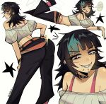  1girl aqua_hair aqua_streaks ass bare_shoulders belt black_choker black_hair black_pants brown_belt brown_shoes chin_piercing choker cropped_sweater dhalsk ear_piercing eyebrow_piercing eyelashes eyeshadow face_piercing fang fangs feet_up gender_transitioning gender_transitioning_(mtf) glint grey_sweater grin highres hoshi_kirara jujutsu_kaisen looking_back lying makeup midriff mouth_piercing multicolored_hair multiple_belts multiple_views notice_lines on_stomach open_mouth pants piercing pink_eyes pink_socks shoes smile socks speech_bubble spiked_choker spikes star_(symbol) streaked_hair sweater teeth transgender_flag twitter_username v-shaped_eyebrows white_background 