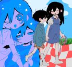  >_o 1boy 1girl alternate_costume antenna_hair black_eyes black_hair blue_overalls blue_sweater bright_pupils brown_shorts checkered_blanket closed_eyes closed_mouth double-parted_bangs hair_between_eyes highres holding holding_hands holding_jump_rope jump_rope kobanzame_omo long_hair long_sleeves looking_at_another mari_(faraway)_(omori) mari_(omori) omori one_eye_closed open_mouth overall_skirt overalls picnic_blanket short_hair shorts socks standing sunny_(omori) sweater white_pupils white_socks 