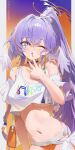  1girl absurdres bag berserker_r blue_eyes breasts chinese_commentary commentary_request earrings hair_between_eyes head_wings high_ponytail highres honkai:_star_rail honkai_(series) hoop_earrings jewelry large_breasts long_hair looking_at_viewer multicolored_hair nail_polish navel official_alternate_costume one_eye_closed orange_nails orange_streaks parted_lips ponytail purple_hair revision robin_(fanta)_(honkai:_star_rail) robin_(honkai:_star_rail) shirt shoulder_bag solo streaked_hair underboob white_shirt white_wings wings 