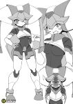  1girl absurdres angry armor artist_logo blush breasts clenched_hand closed_mouth commentary english_commentary forehead_jewel full_body godichi greyscale hand_on_own_hip helmet highres logo medium_breasts mega_man_(series) mega_man_zx model_w_(mega_man) monochrome multiple_views open_mouth pandora_(mega_man) penis_shadow simple_background standing teeth trembling white_background 
