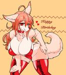  &lt;3 ahoge anthro big_breasts blush breasts canine cleavage clothed clothing eyebrows eyelashes female hair hand_on_hip hand_on_thigh happy_birthday huge_breasts kazuhiro kemono legwear lingerie long_hair looking_at_viewer mammal orange_hair pinup pose red_eyes smile solo thick_thighs thigh_highs tight_clothing wide_hips 