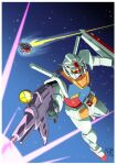  1980s_(style) battle beam_cannon beam_rifle bit_(gundam) border commentary duel earth_federation elmeth energy_beam energy_gun firing gundam highres holding holding_weapon mecha mecha_focus mobile_suit mobile_suit_gundam muzzle_flash no_humans ootsuka_ken retro_artstyle revision robot rx-78-2_gundam scene_reference science_fiction scope shield signature space star_(sky) thrusters v-fin weapon white_border yellow_eyes zeon zero_gravity 