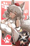  2girls @_@ absurdres animal_ear_fluff animal_ears bird_wings black_skirt black_wings blush breasts chibi chibi_inset commentary_request detached_sleeves embarrassed fang four-finger_heart_hands gradient_background grey_hair hat heart heart_hands highres inubashiri_momiji large_breasts leaf_print looking_at_viewer maple_leaf_print medium_hair multiple_girls notice_lines open_mouth paw_print paw_print_background pointy_ears pom_pom_(clothes) print_skirt red_background red_eyes red_hat red_skirt ribbon-trimmed_sleeves ribbon_trim shameimaru_aya shirt short_sleeves simple_background skirt sleeveless sleeveless_shirt smile tail thumbs_up tokin_hat touhou twitter_username two-tone_skirt white_background white_shirt wide_sleeves wings wolf_ears wolf_girl wolf_tail yamabikoyahoo 