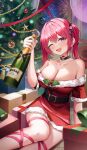  1girl absurdres arm_support bare_shoulders blush bottle breasts choker christmas_ornaments christmas_present christmas_tree cleavage collarbone commentary dress english_commentary fang fur-trimmed_dress fur-trimmed_gloves fur_trim gift gloves goddess_of_victory:_nikke highres holding holding_bottle indoors jewelry large_breasts looking_at_viewer mast_(nikke) off-shoulder_dress off_shoulder one_eye_closed open_mouth pink_eyes pink_hair purple_eyes red_dress red_gloves santa_costume santa_dress shuvi_(shuvi1125) sitting skin_fang skull_choker smile solo 