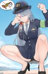  2girls absurdres ak-15_(girls'_frontline) armband ass b-robo_kabutack beach bikini black_bikini black_panties black_shoes blue_hat blue_jacket blue_skirt blue_sky blue_suit bowler_hat breast_pocket breasts closed_mouth cloud collared_shirt commentary commission cuffs day english_commentary female_commander_(girls'_frontline) gd146 giant giantess girls'_frontline girls'_frontline_2:_exilium green_armband grey_hair grey_necktie hair_over_one_eye handcuffs hat high_heels highres jacket japan_national_police large_breasts leisurely_heat_(girls'_frontline_2) long_hair long_sleeves metal_hero multiple_girls necktie ocean outdoors panties pocket police police_uniform policewoman purple_eyes sand second-party_source shirt shoes size_difference skirt sky squatting suit swimsuit underwear voymastina_(b-robo_voymawari)_(girls'_frontline_2) voymastina_(girls'_frontline_2) water_gun white_shirt 