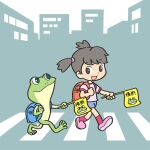 1girl :d animal backpack bag black_eyes black_hair blue_shorts chibi closed_mouth commentary_request crosswalk frog green_eyes holding kabiinyo_(kab) original pink_shirt pink_shoes pink_socks randoseru shirt shoes short_sleeves shorts smile socks translation_request twintails walking 